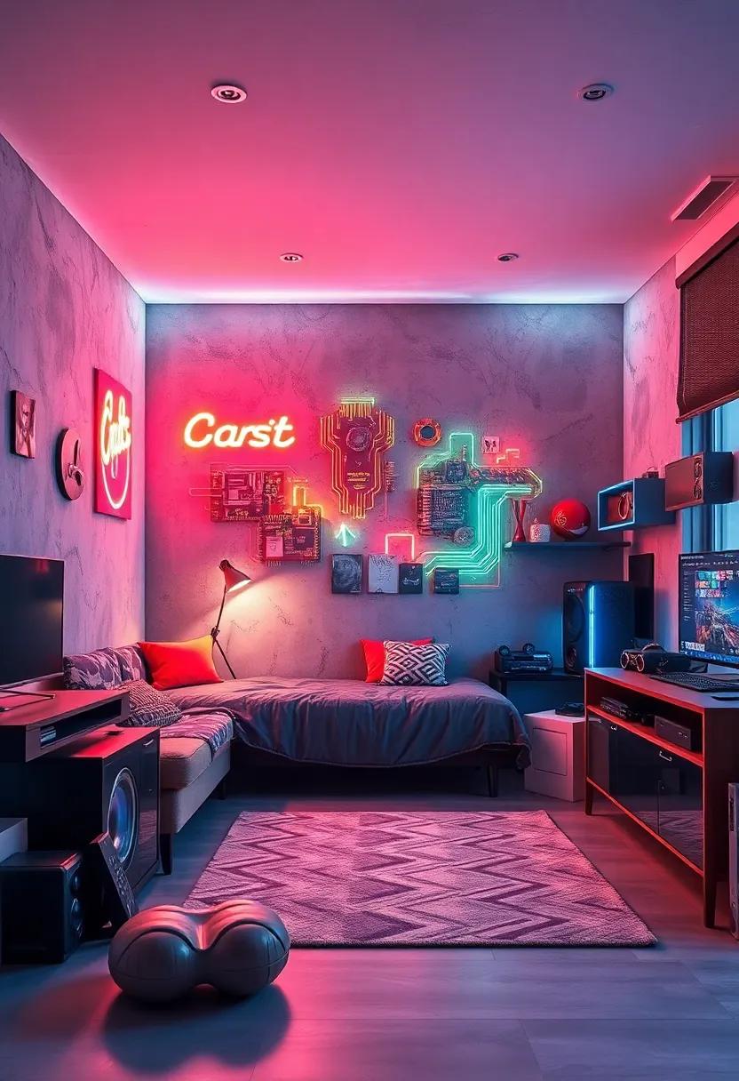 Techy ‍Trendy: Neon circuit board ⁢patterns subtly illuminating a gamer's room filled with cutting-edge gear