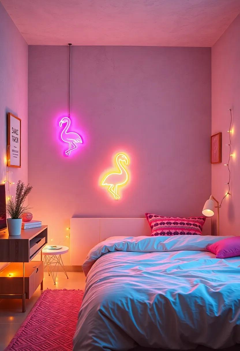 Whimsical ⁢Wonderland: Flamingo or unicorn neon shapes nestled among pastel ​fairy lights, creating a magical bedroom vibe