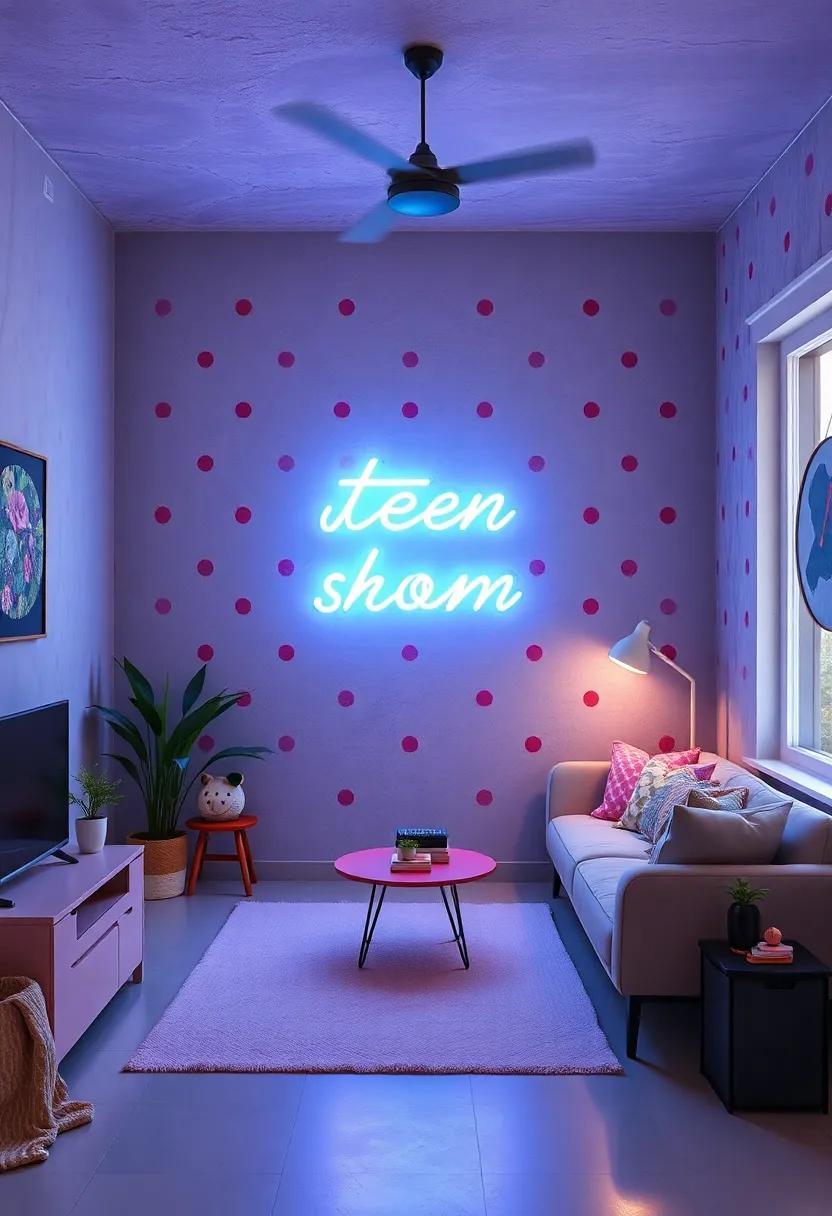 Playful Patterns: Neon polka dots decorating‌ a bright wall, balancing youthful energy with modern design