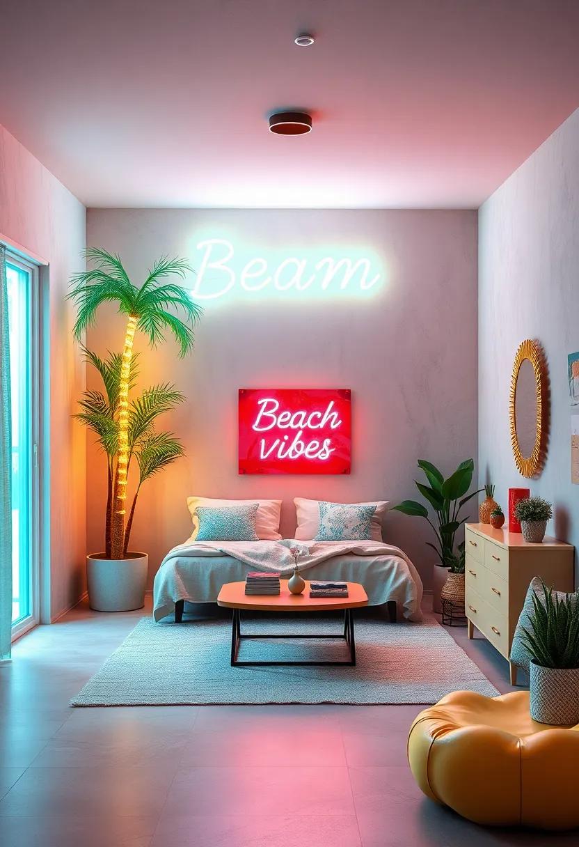 Beach ⁣Vibes: Neon palm trees casting a tropical, laid-back aura over sandy-toned décor and surf-inspired elements