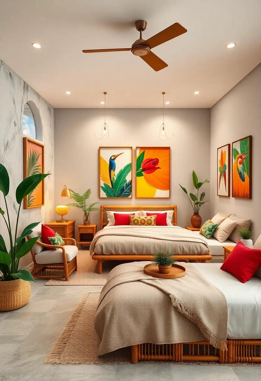 Artistic Flair: unleash your creativity in a bedroom featuring unique bamboo furniture alongside vibrant artworks that reflect your personality