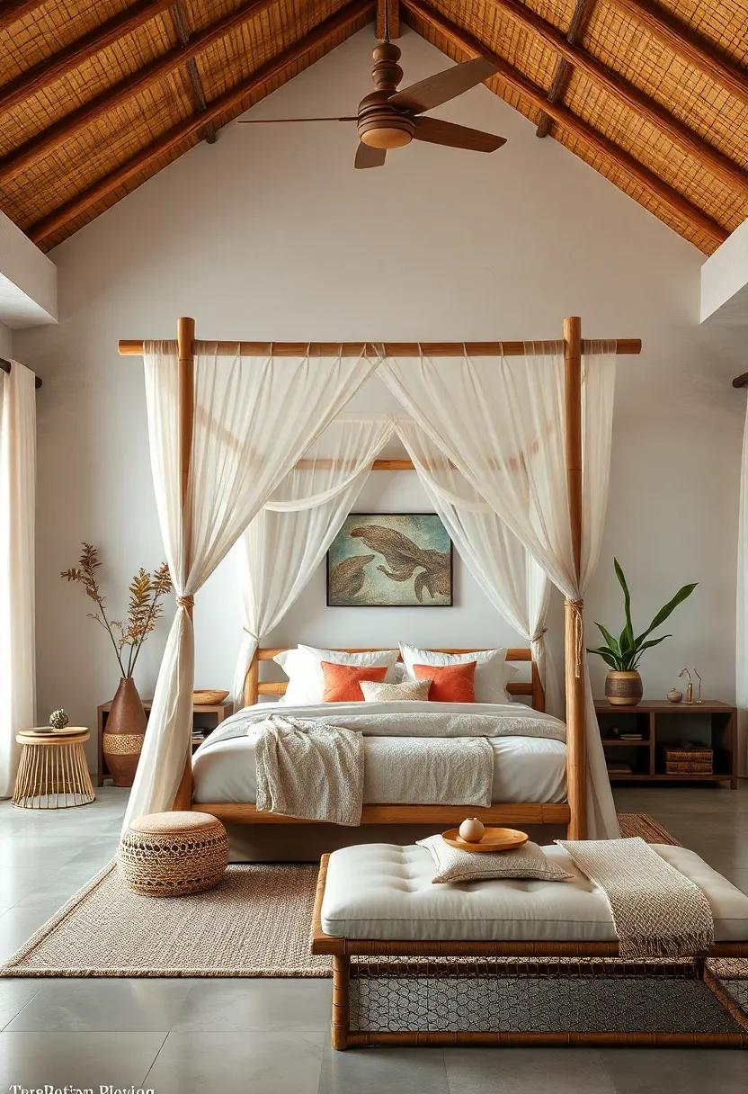 dreamy Canopy:⁢ Delight ⁤in a romantic bedroom​ featuring ‍a bamboo canopy bed draped in soft fabrics for an enchanting nighttime escape