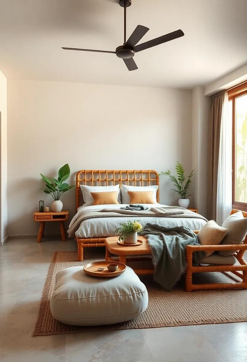 Rustic Retreat: Experience the warmth of a country-inspired bedroom with bamboo furniture paired with organic textures for a comforting touch