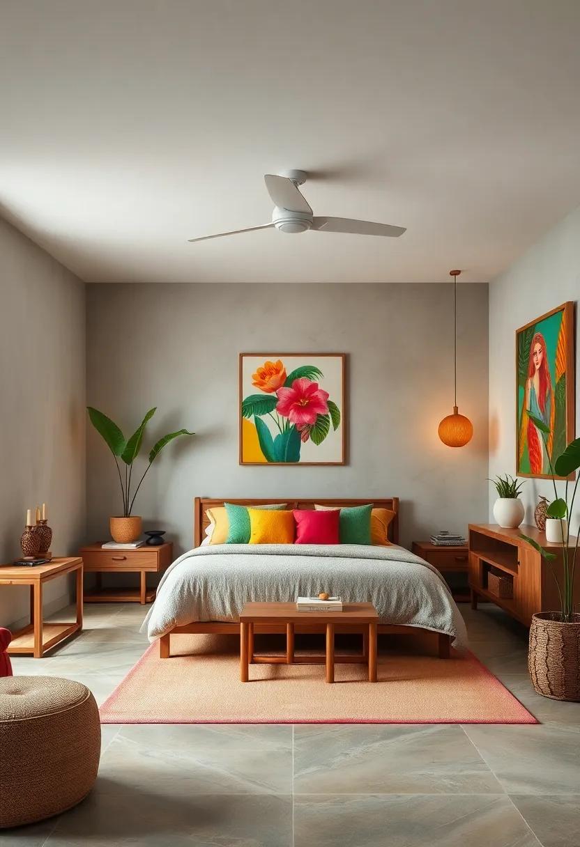 Vibrant Accents: Discover⁣ a striking bedroom⁢ where bamboo furniture is paired ⁣with bold wall art and colorful textiles to energize ​the atmosphere