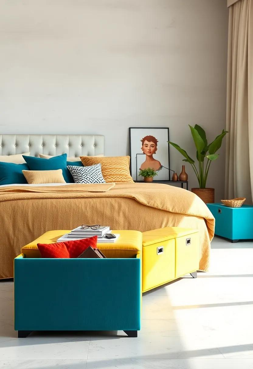 Brightly colored storage benches that add a ‌pop of personality and contain daily essentials