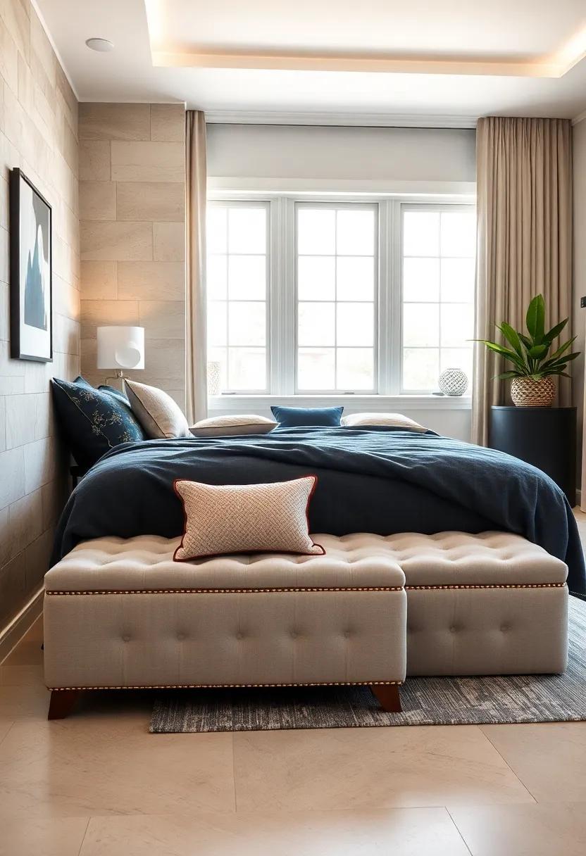 Classic tufted storage benches that enhance the ​room's elegance while offering practicality