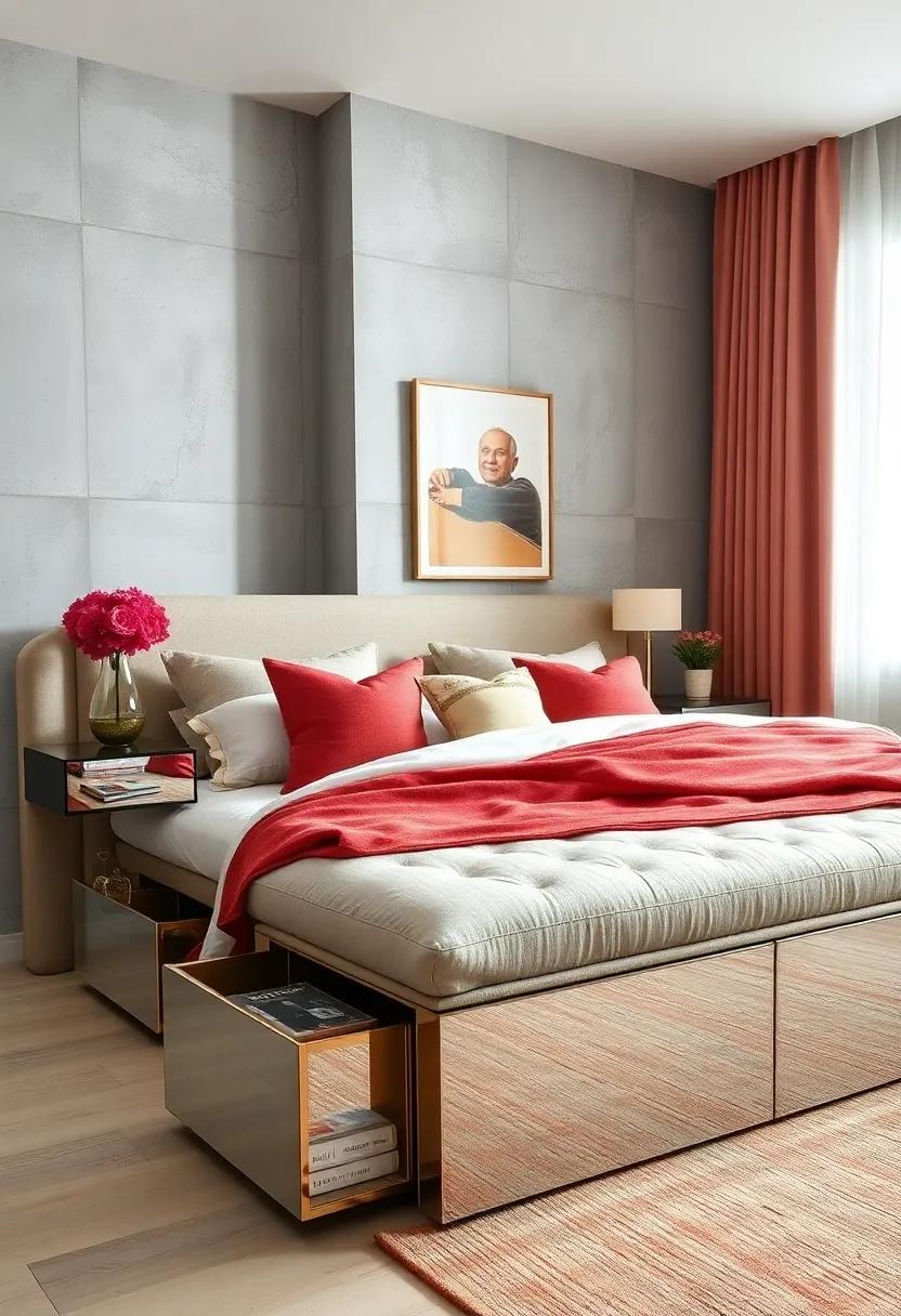 Mirrored storage benches that visually expand small bedrooms while concealing clutter