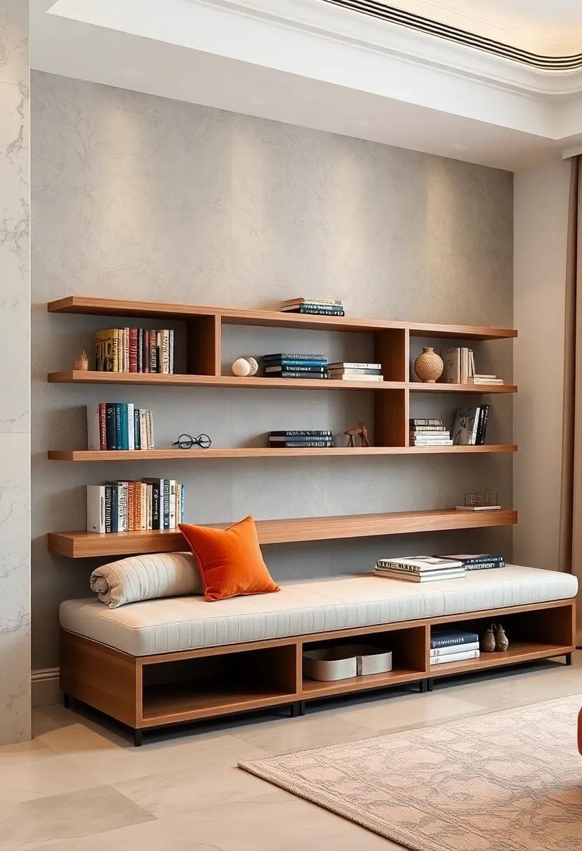 Multi-tiered storage benches combining open⁢ shelves and closed compartments for books and accessories