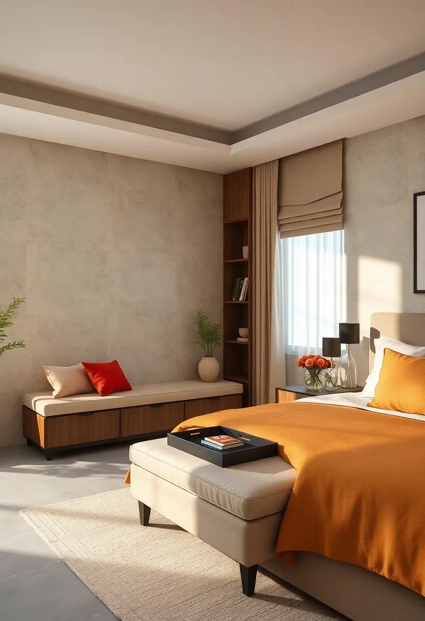 Storage ​benches featuring lift-out trays⁣ to create versatile surfaces ​for bedside essentials