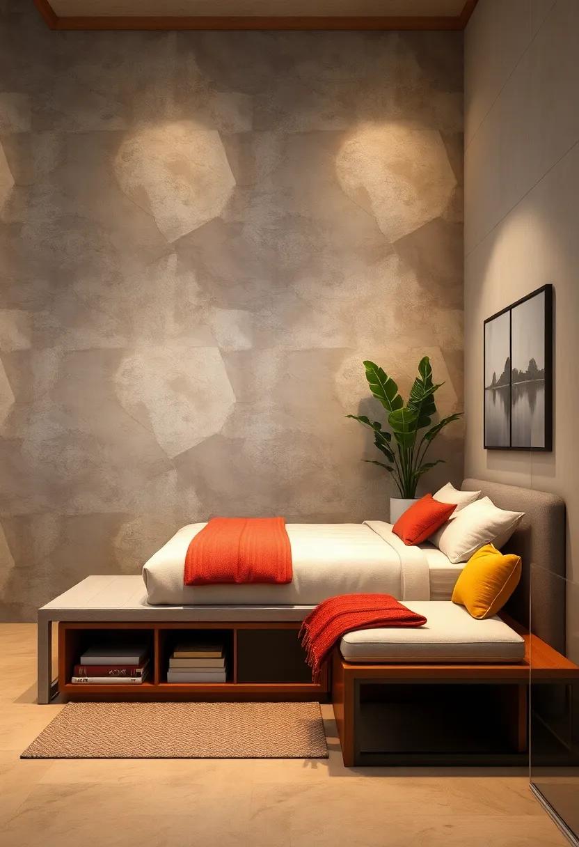 Storage benches with removable cushions‌ for flexible use‌ as seating or open shelving