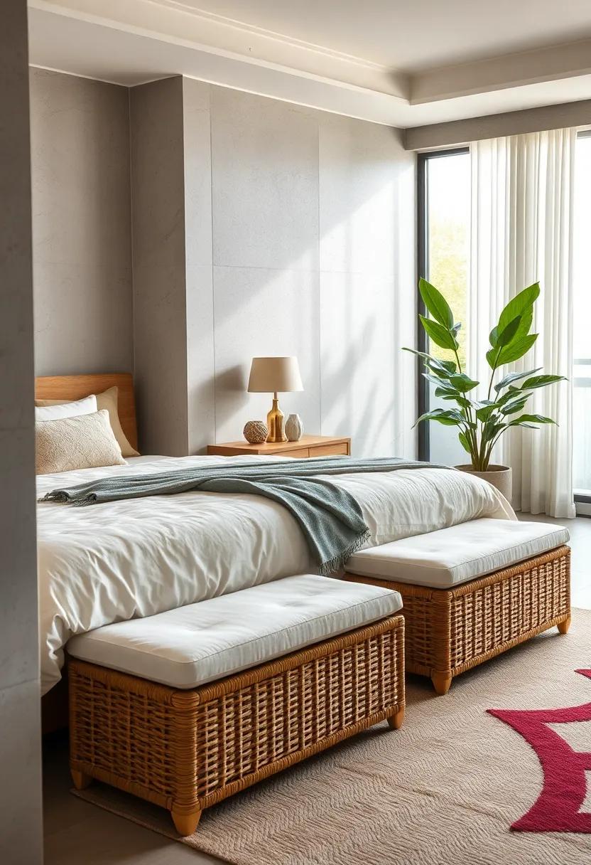 Woven rattan storage⁤ benches adding texture while hiding bulky‍ items like pillows