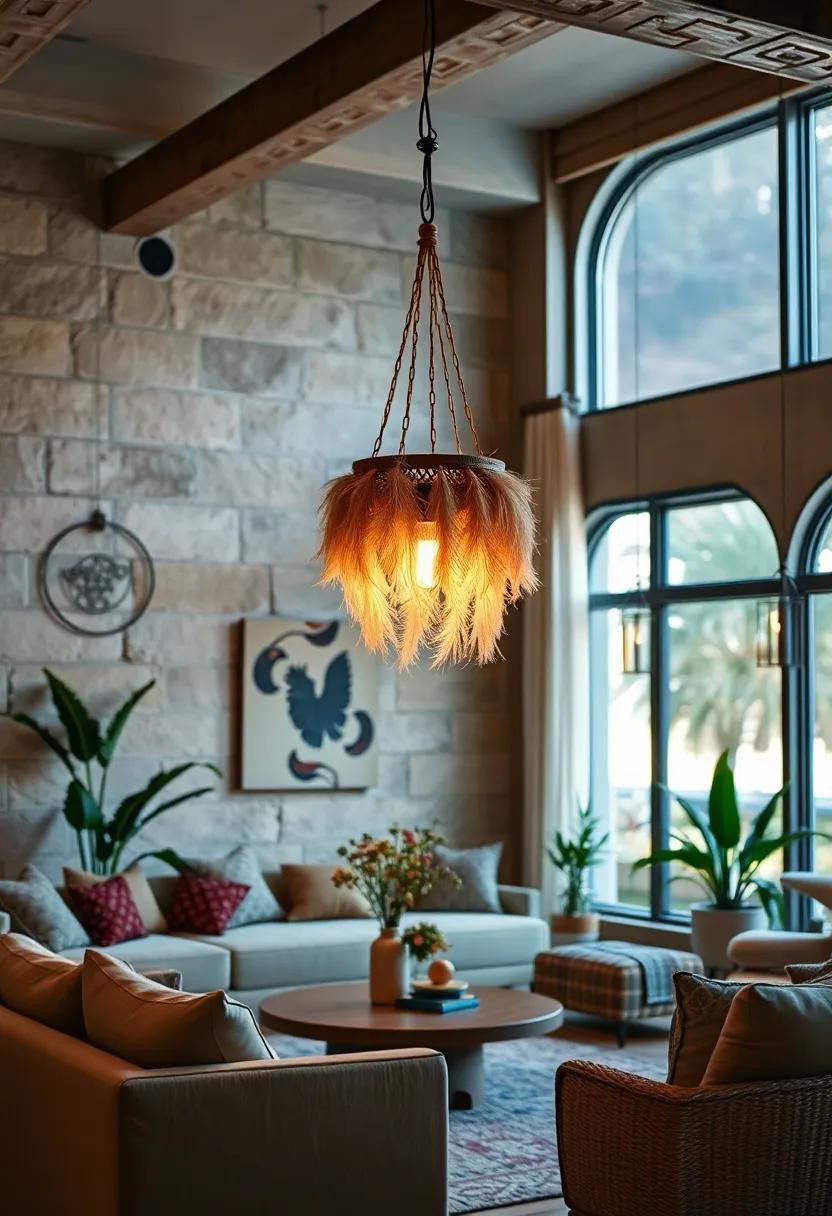 Feather ​Embellished Hanging Lantern - Adds a touch of whimsy​ and softness ​to eclectic‍ spaces
