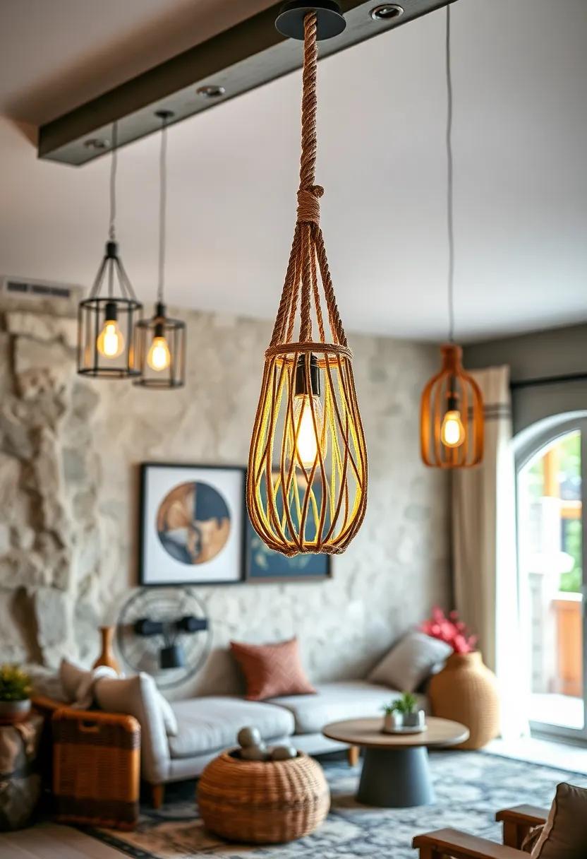 Macramé Pendant Light -​ Hand-knotted ⁢cords drape gracefully around a soft-glowing‍ bulb for⁤ a relaxed, artistic feel