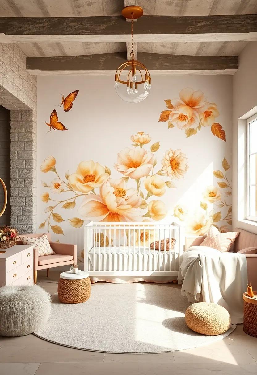 Hand-Painted⁤ Champagne‌ Gold Floral Mural Bringing‌ Nature's Calm Indoors