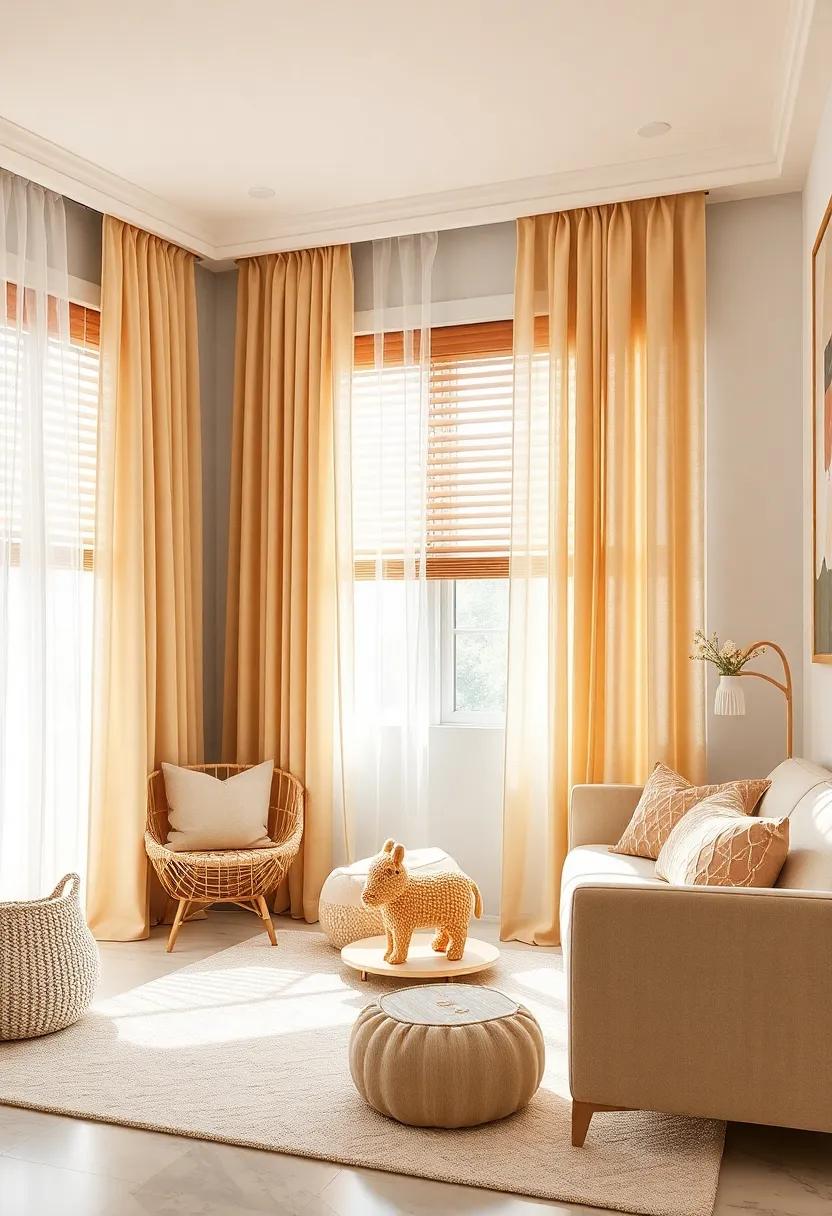 soft, ⁤Sheer⁣ Champagne Gold Curtains‍ Paired with Wooden Blinds for Versatile ⁣Lighting