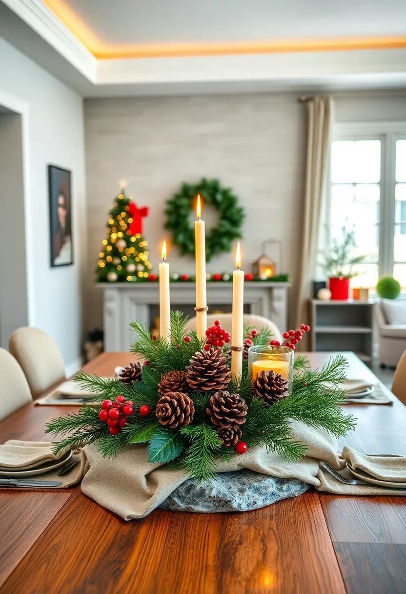Centerpiece Featuring pinecones, Holly Berries, and Candles