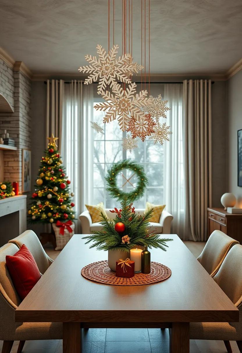 Handcrafted ⁤Paper Snowflake Garlands Suspended Over the Table