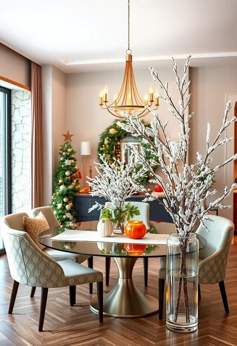 Snow-dusted Faux Branches arranged in ​Clear ⁤Vases