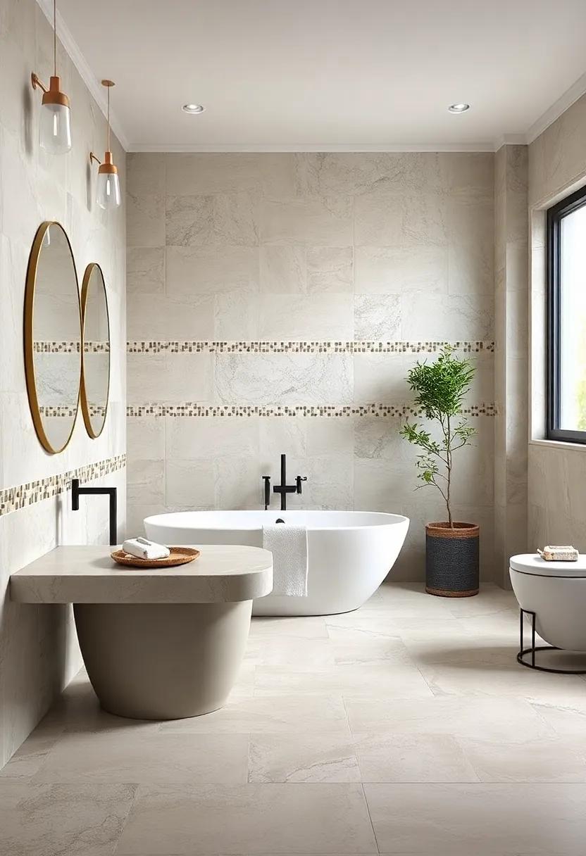 Neutral Mosaic Borders: Small neutral-toned​ mosaics act as subtle​ accents framing larger tile fields