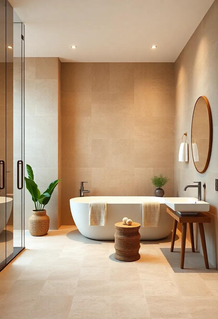 Travertine Tiles: Warm beige travertine evokes natural earthiness and classical beauty