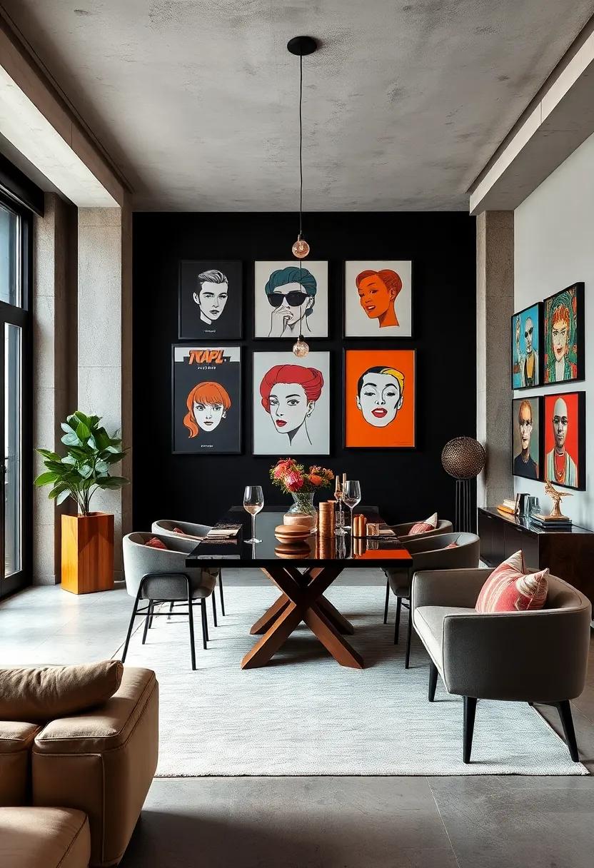 Artistic loft dining space‌ defined by a striking ‌black gallery wall filled with bold graphic ‍art ⁤and pop culture icons