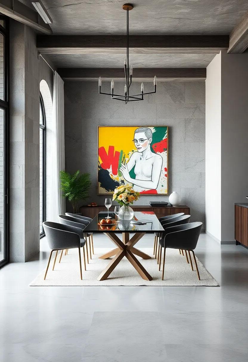 Chic monochrome dining room ‌made captivating with a ‌bold splash of‌ color from a large abstract expressionist wall art