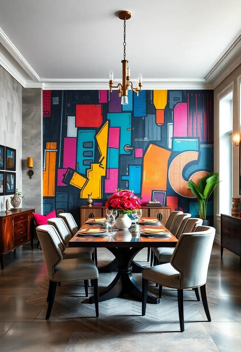 Classic Victorian ‌dining space ⁢receiving a modern‍ twist through ‌a massive colorful street-art styled mural