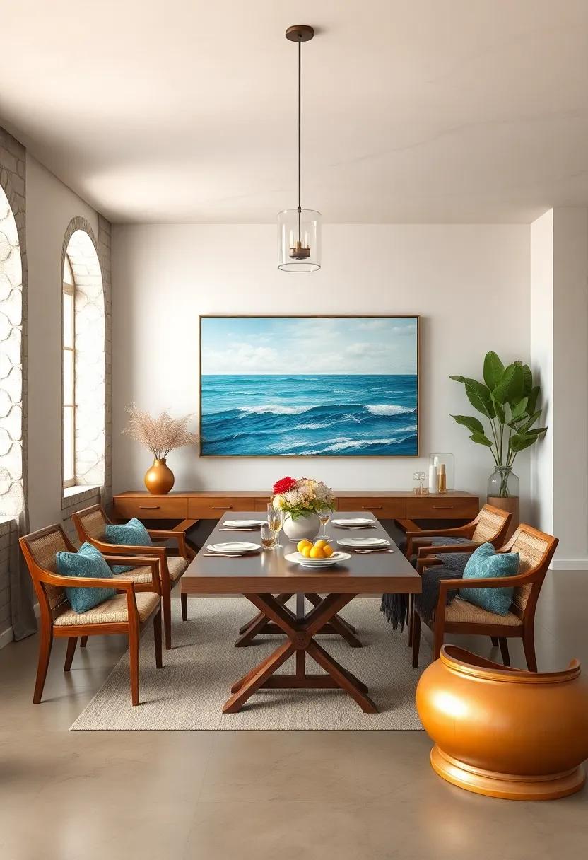 Coastal dining room enhanced with a‍ serene seascape⁢ painting, providing a striking yet ⁤calming contrast to rustic⁢ wooden furnishings