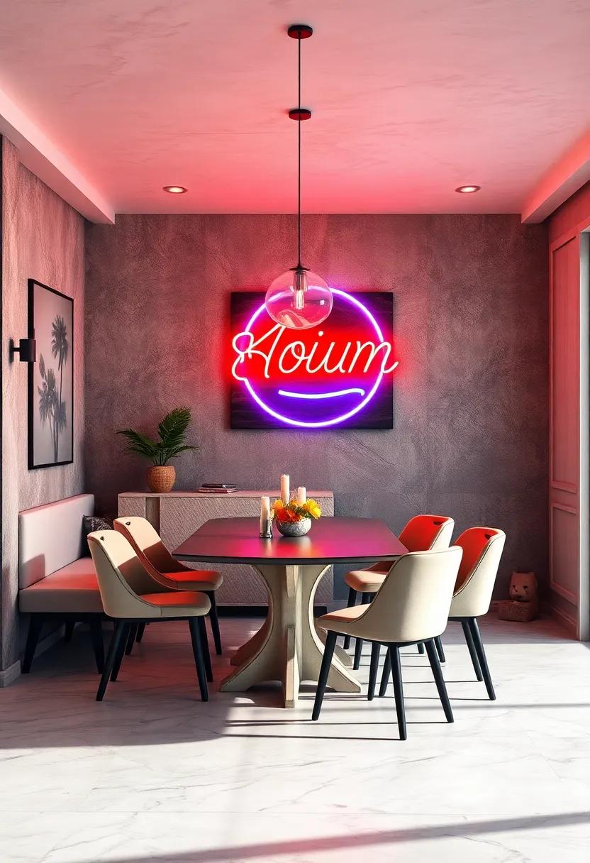 Contemporary dining nook brightened by a neon sign artwork, adding unexpected luminosity and modern pop⁢ culture flair