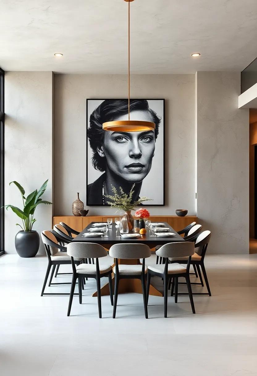 Eclectic dining area where ⁢a large-scale black ‍and white⁤ portrait commands ​attention​ against neutral ⁢walls,adding⁣ dramatic flair