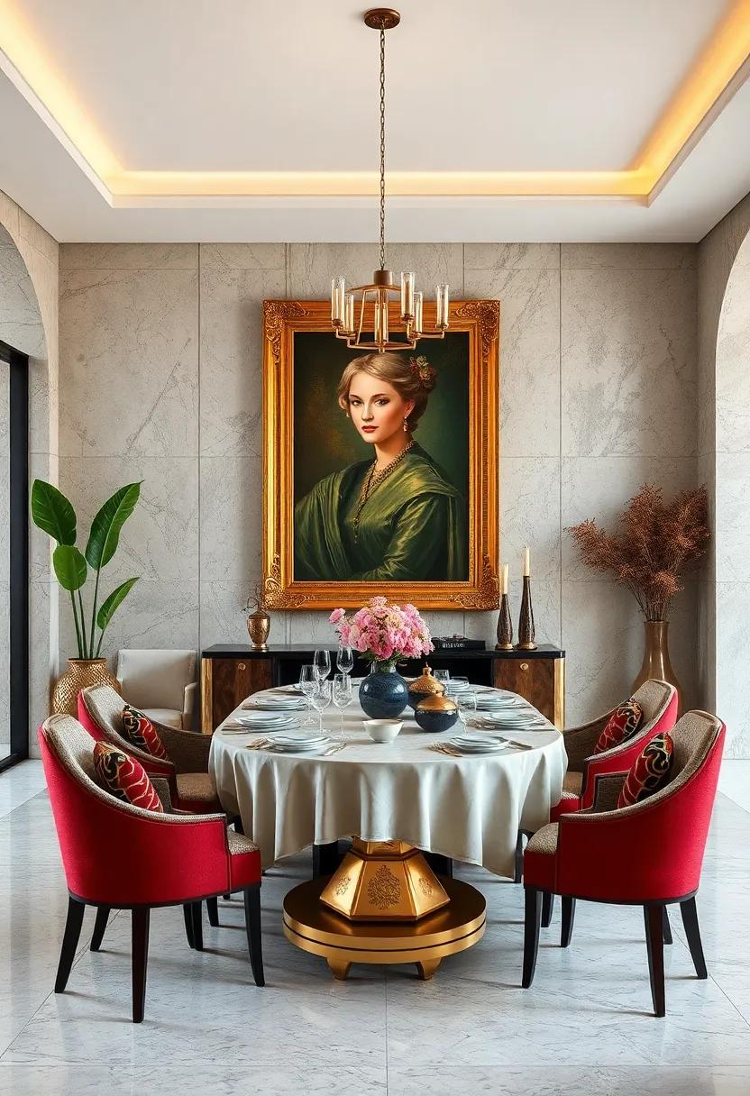 Elegant⁤ art deco dining space with a statement gilded portrait that balances opulence and artistic boldness