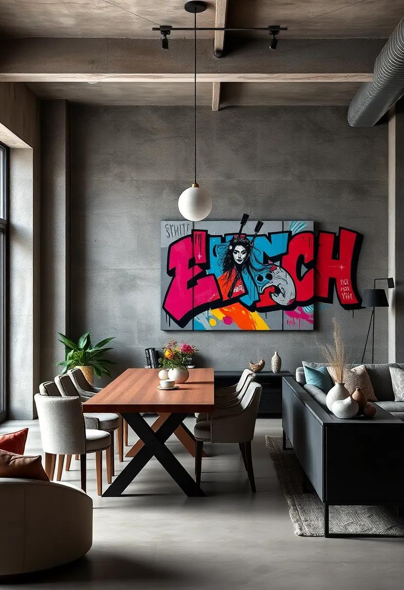 Industrial loft ⁤featuring a graffiti-style street art piece that brings urban edge and ​vibrant color to the metal and concrete palette