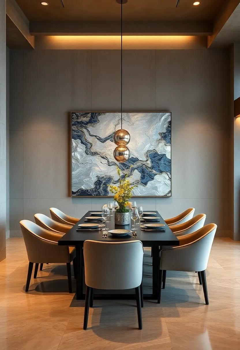 Luxe dining hall dominated by ‍a metallic-themed‌ abstract piece that reflects light,​ creating dynamic shifts‍ throughout the evening