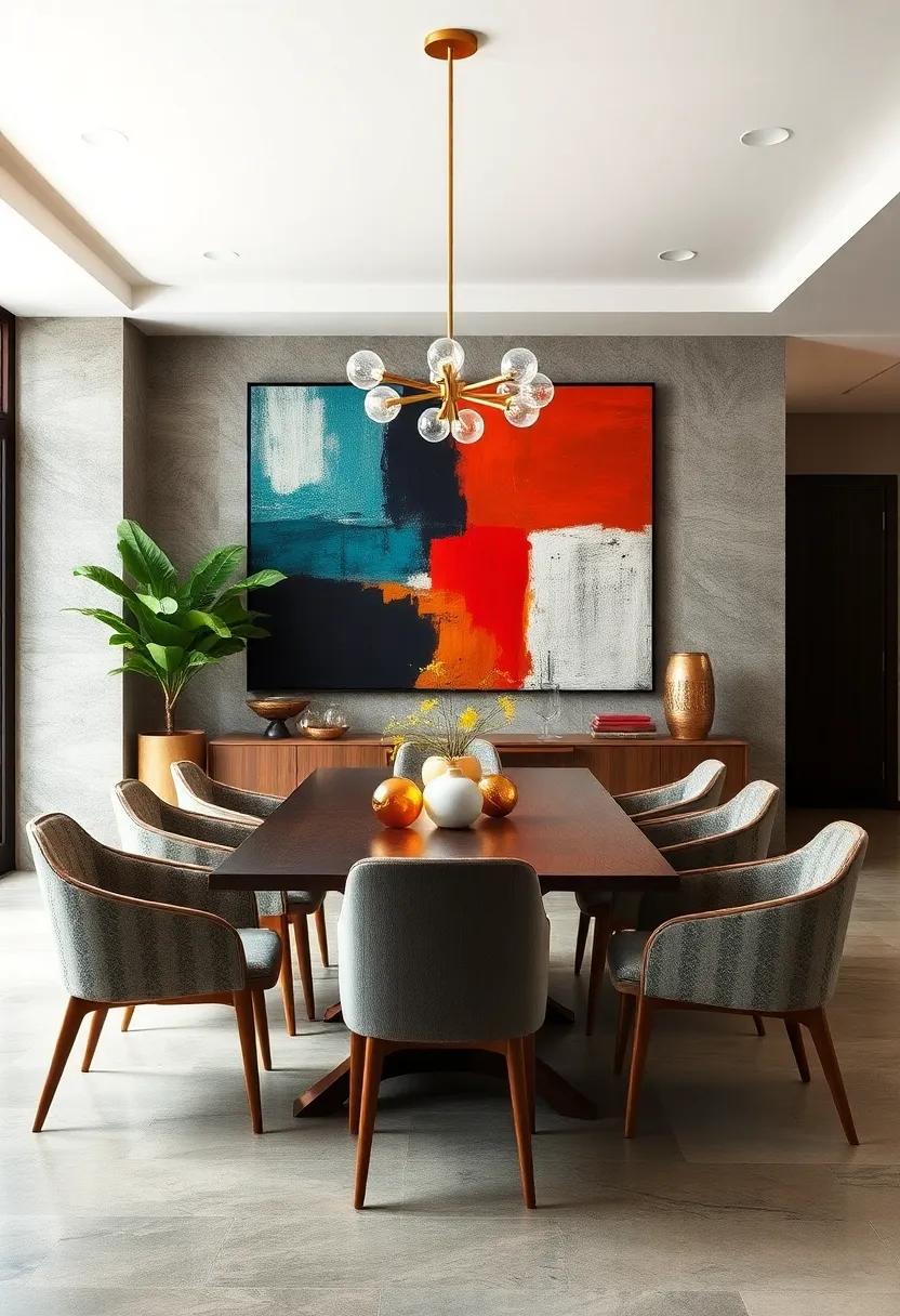 Mid-century dining room⁤ enriched by a dramatic color-block canvas, marrying⁢ vintage furniture ⁤with contemporary art
