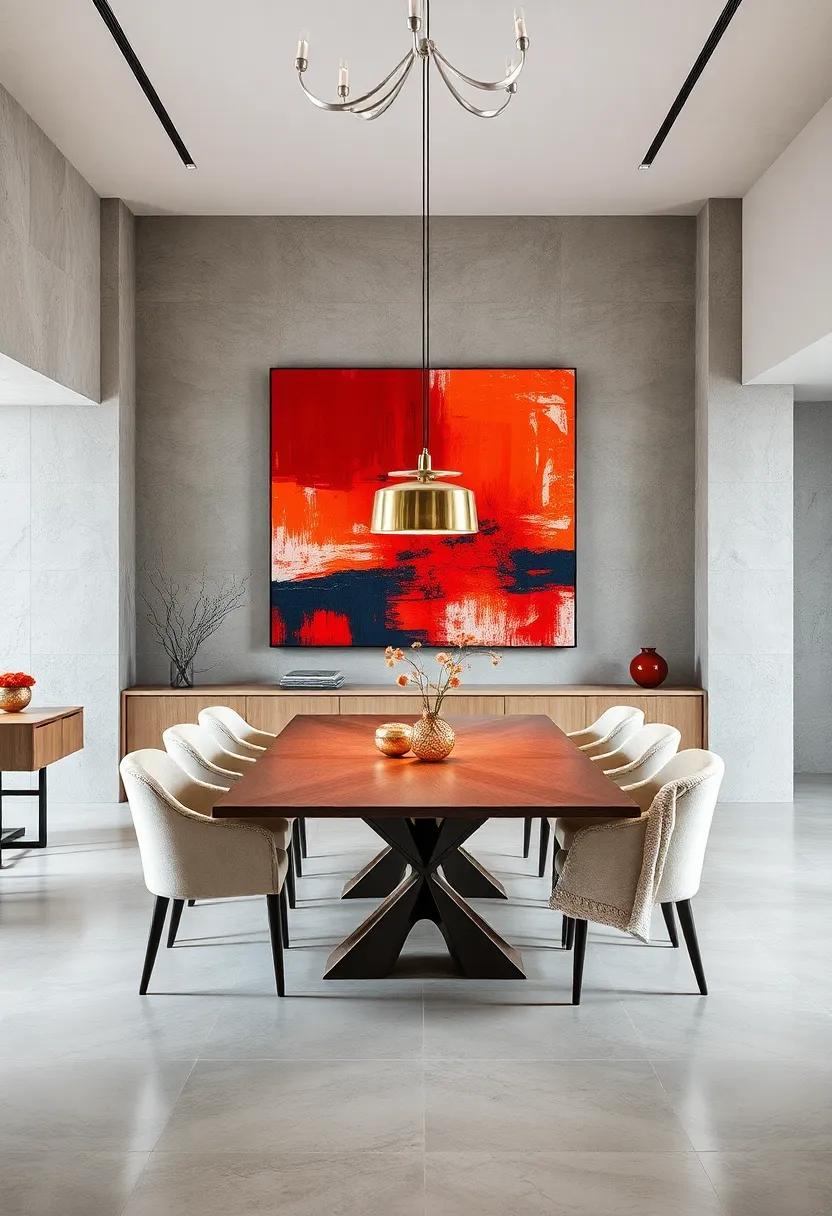 A minimalist dining⁤ space transformed by a⁢ single oversized abstract painting in vibrant reds⁤ and oranges,creating a fiery focal point