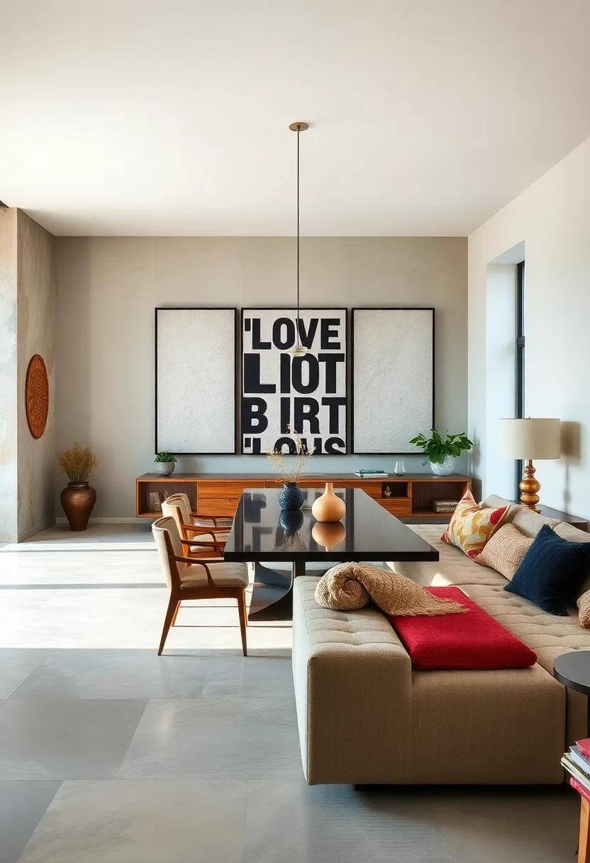 Open-plan dining area transformed ⁢with a ​series of bold, oversized typographic⁣ prints creating⁢ a conversational backdrop