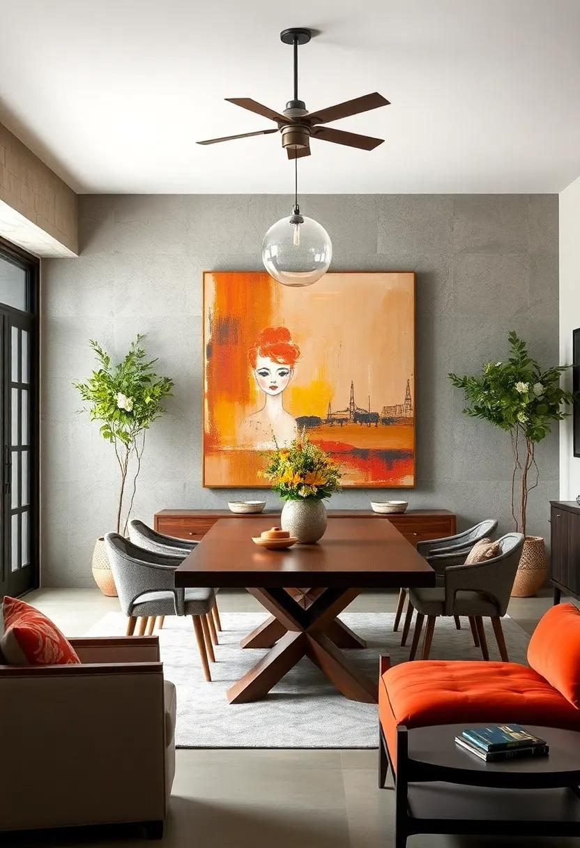 Rustic farmhouse ⁤dining area complemented​ by a large ⁤expressionist canvas in⁤ earthy tones, grounding the space ‌in artistic warmth