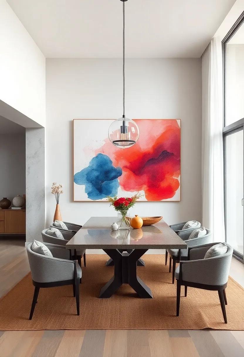 Serene minimalist dining room punctuated by a vibrant, large-scale ⁣watercolor artwork lending softness and⁢ energy