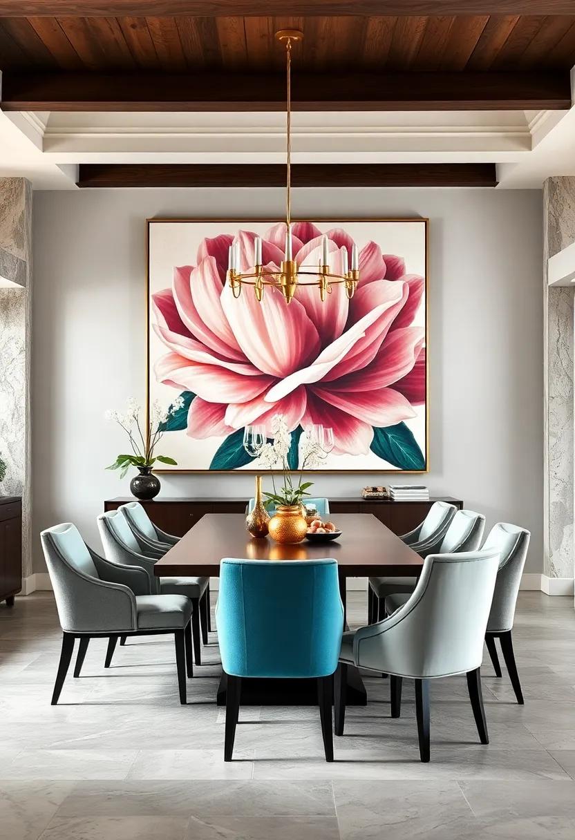 Traditional dining space refreshed by a dramatic oversized floral painting that blends classic elegance with modern boldness