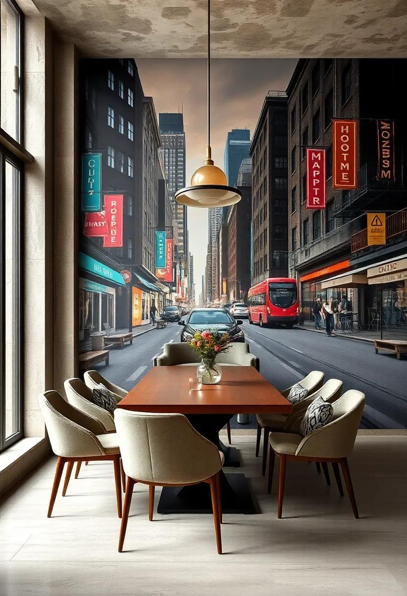 Urban chic⁤ dining area energized by a massive photo-realistic mural capturing vivid street scenes and city life
