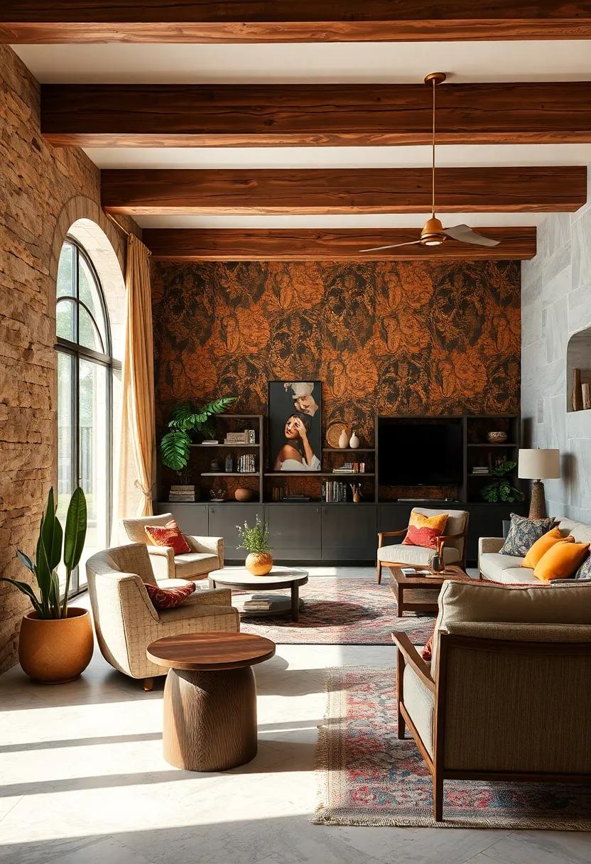 Use natural⁣ wood beams alongside bold, patterned wallpaper⁢ to ​add texture and visual ⁢interest to any‍ room