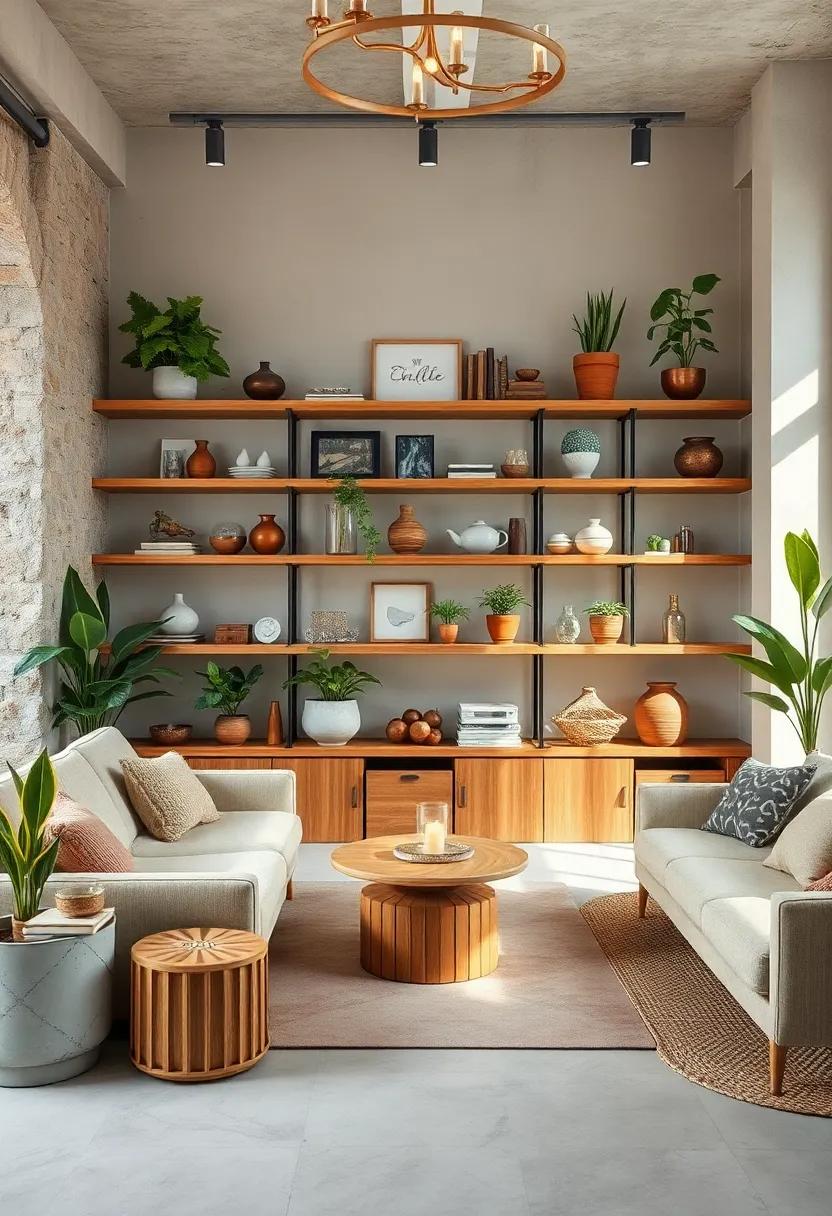 Layer wooden​ shelves filled ‌with eclectic⁢ trinkets ⁣and ‌plants to create a ‌warm, personalized ​display