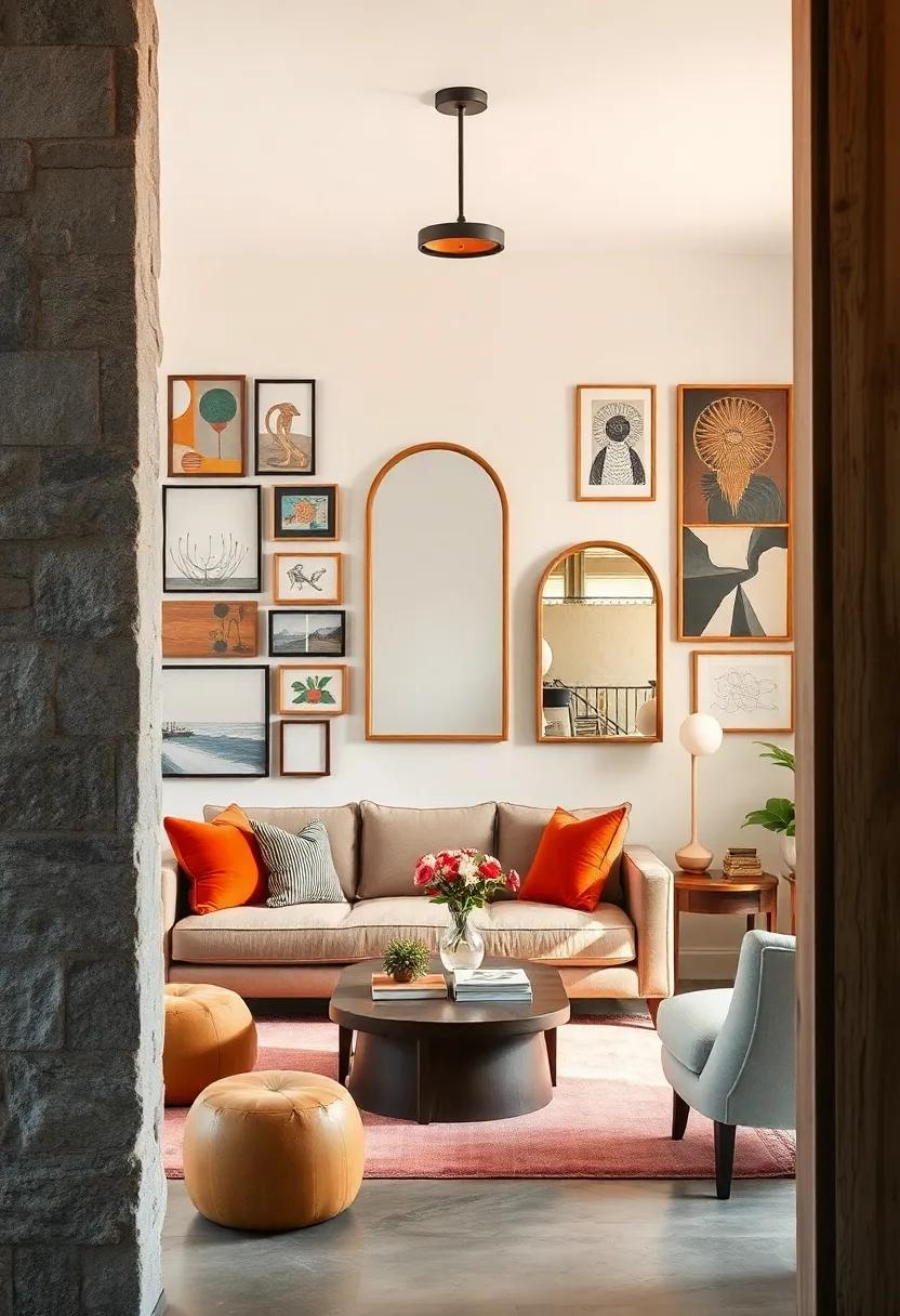 Display natural wood framed⁣ mirrors amidst a ​gallery⁣ wall of mixed‌ media art to ⁢unify diverse ​elements