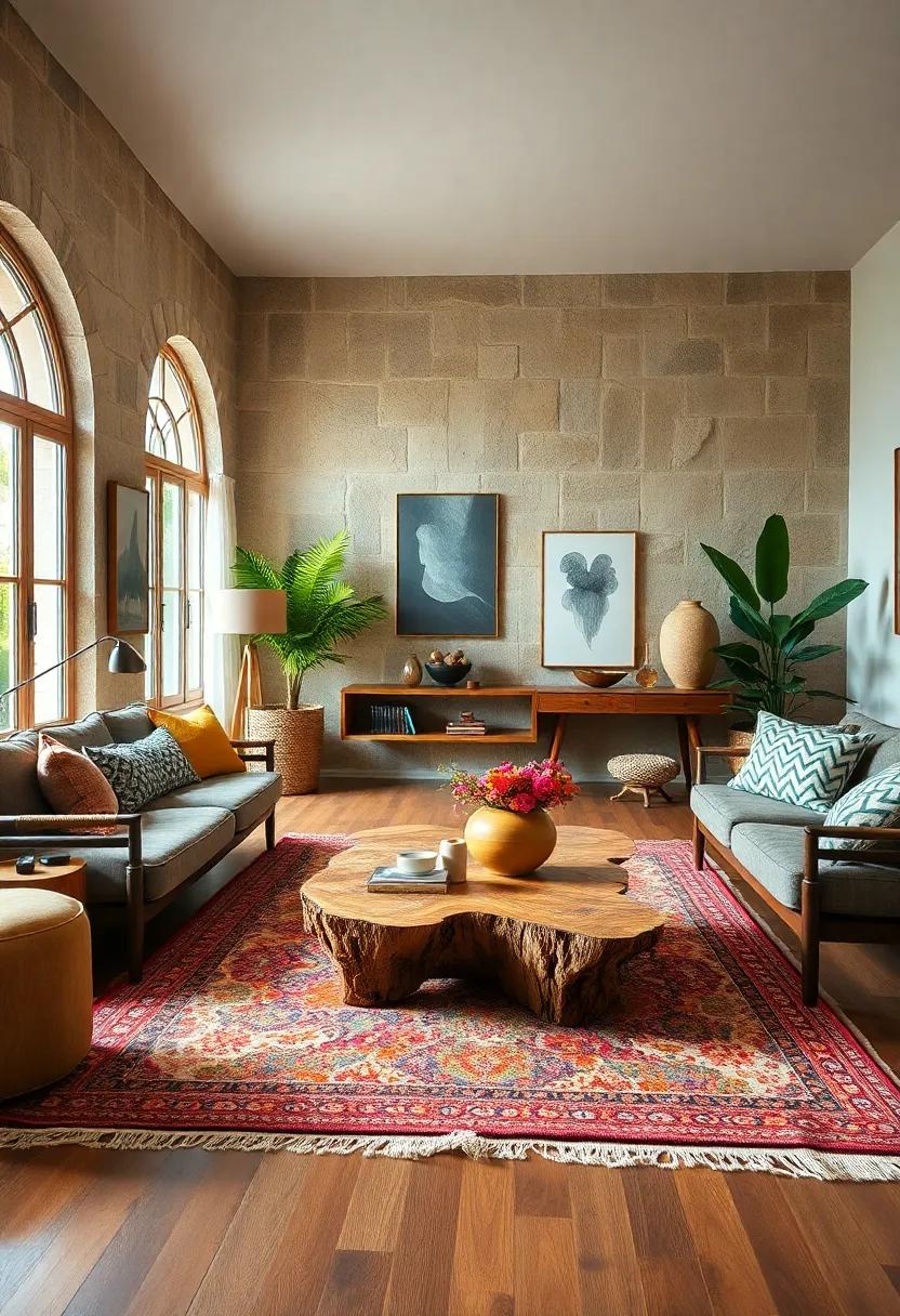 Incorporate⁢ raw-edge wood⁤ coffee tables with ⁢brightly patterned rugs to blend⁣ rustic ⁤charm with global ⁢flair