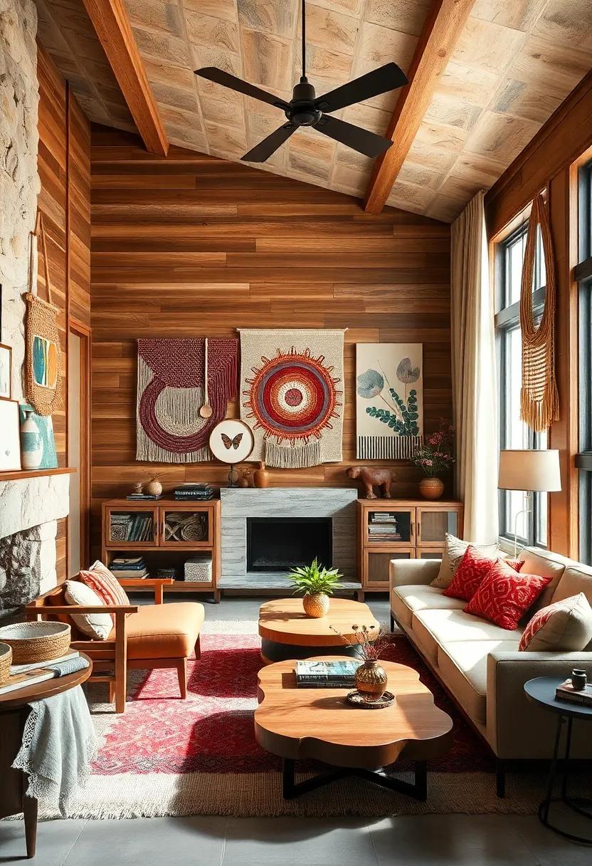 Use wood-paneled walls as a neutral backdrop ​for colorful,⁤ eclectic art and woven‌ wall ⁣hangings