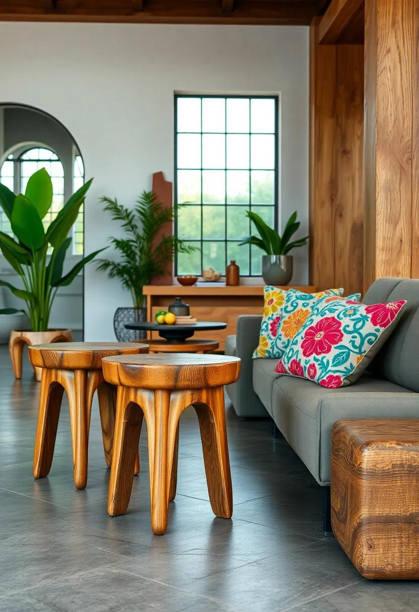 Place wooden stools⁣ with carved⁣ details next to bold, graphic patterned cushions for an artistic touch