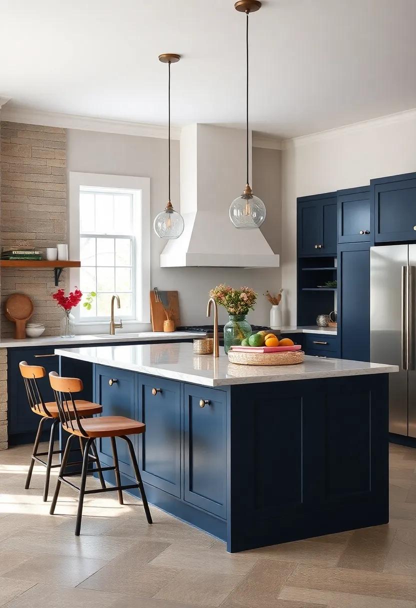 Bold Navy Island⁢ with Polished Nickel Fixtures: A statement navy kitchen island accented with‌ polished nickel hardware ‍balances boldness and ⁢understated⁢ elegance