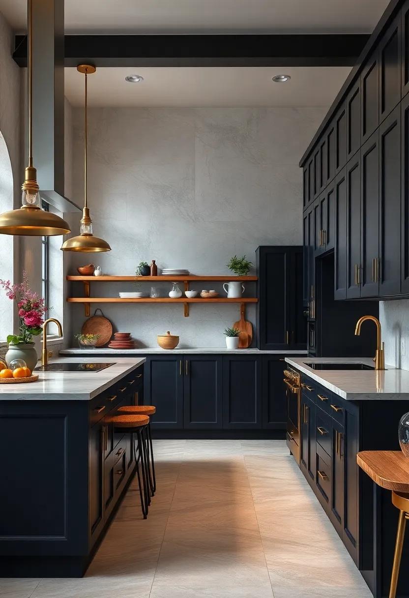 Dark Palette Drama with Sleek Gold Fixtures: Deep⁤ navy or charcoal cabinets contrasted⁢ with polished gold fixtures create a luxurious and contemporary ambiance