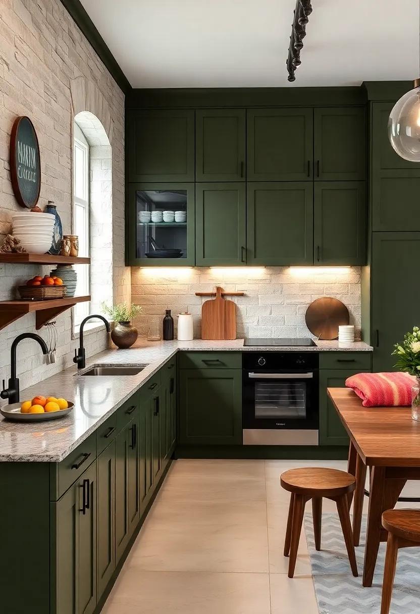Earthy Greens and Matte Black Trim: Olive⁢ or sage ⁢green⁣ cabinetry accented with ⁤matte black faucets⁢ and handles create ⁣a grounded yet modern look