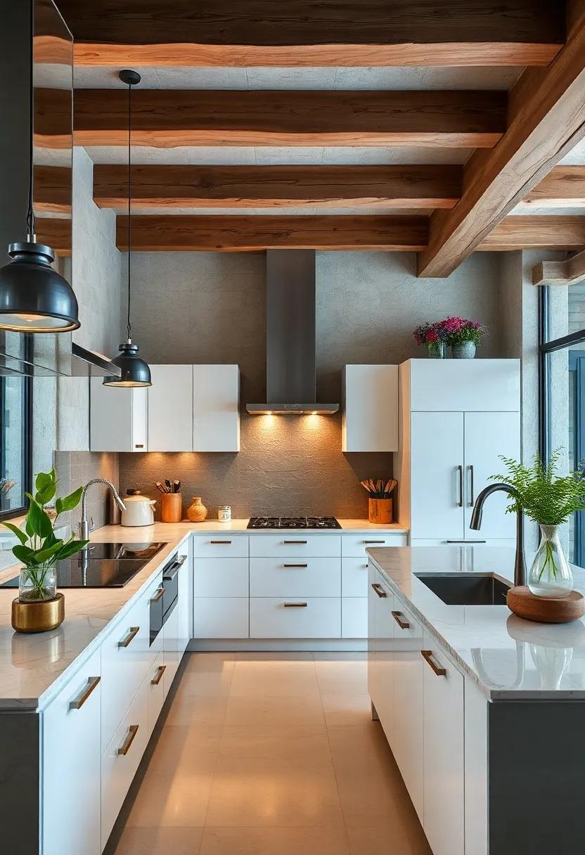 High-Gloss Cabinets Meet Rustic Wood Beams: Reflective⁤ modern surfaces contrasted by raw wooden ceiling beams fuse ‍contemporary and rustic styles seamlessly